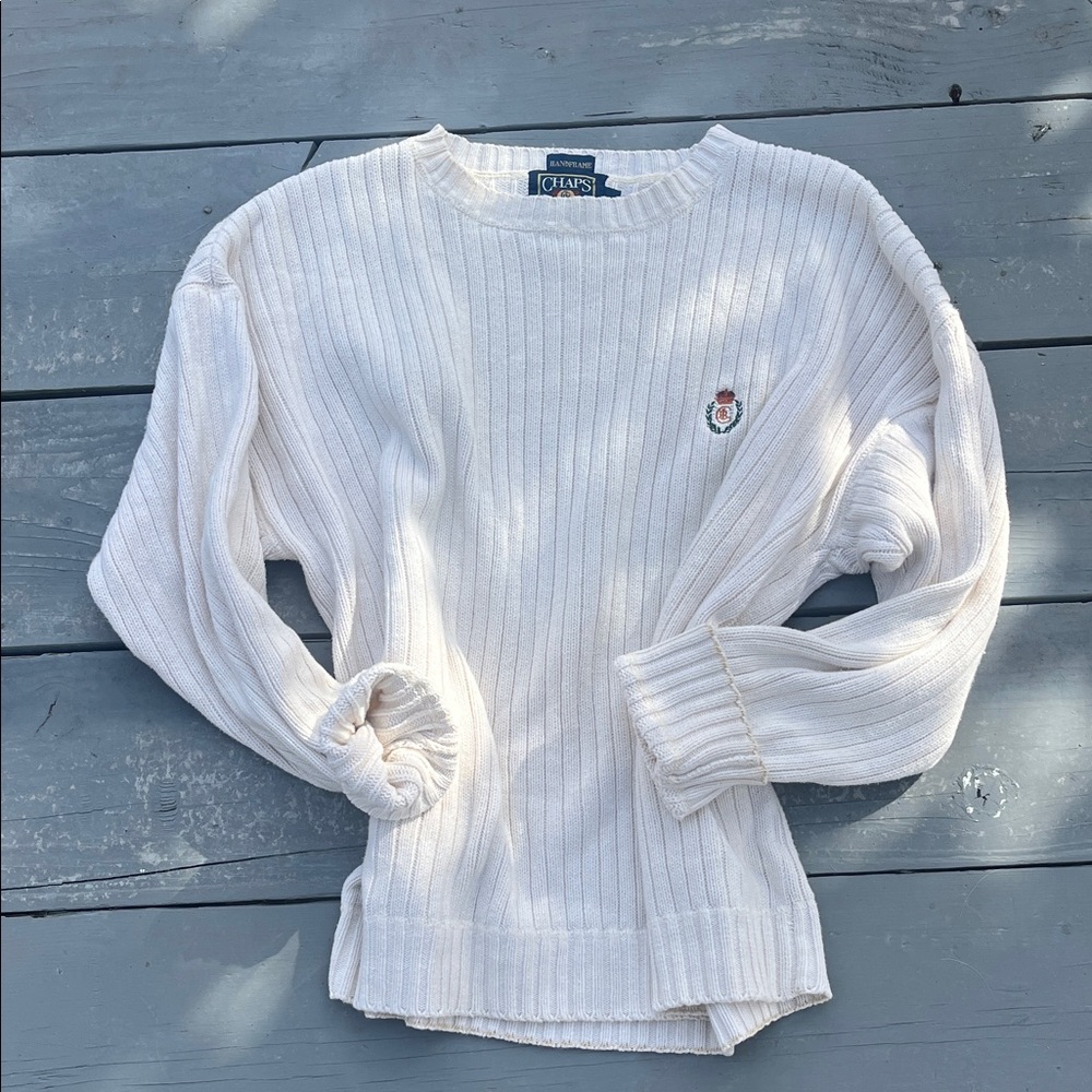 Chaps Cream Ribbed Sweater with Emblem